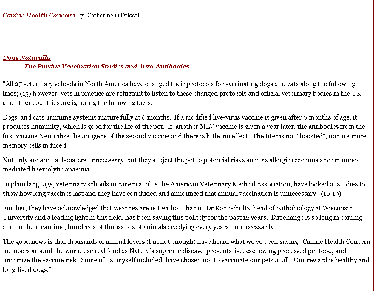 Text Box: Canine Health Concern  by  Catherine O�Driscoll	 Dogs Naturally	The Purdue Vaccination Studies and Auto-Antibodies	�All 27 veterinary schools in North America have changed their protocols for vaccinating dogs and cats along the following lines; (15) however, vets in practice are reluctant to listen to these changed protocols and official veterinary bodies in the UK and other countries are ignoring the following facts: Dogs� and cats� immune systems mature fully at 6 months.  If a modified live-virus vaccine is given after 6 months of age, it produces immunity, which is good for the life of the pet.  If  another MLV vaccine is given a year later, the antibodies from the first vaccine Neutralize the antigens of the second vaccine and there is little  no effect.  The titer is not �boosted�, nor are more memory cells induced.  Not only are annual boosters unnecessary, but they subject the pet to potential risks such as allergic reactions and immune-mediated haemolytic anaemia. In plain language, veterinary schools in America, plus the American Veterinary Medical Association, have looked at studies to show how long vaccines last and they have concluded and announced that annual vaccination is unnecessary.  (16-19)Further, they have acknowledged that vaccines are not without harm.  Dr Ron Schultz, head of pathobiology at Wisconsin University and a leading light in this field, has been saying this politely for the past 12 years.  But change is so long in coming and, in the meantime, hundreds of thousands of animals are dying every years�unnecessarily.  The good news is that thousands of animal lovers (but not enough) have heard what we�ve been saying.  Canine Health Concern members around the world use real food as Nature�s supreme disease  preventative, eschewing processed pet food, and minimize the vaccine risk.  Some of us, myself included, have chosen not to vaccinate our pets at all.  Our reward is healthy and long-lived dogs.�