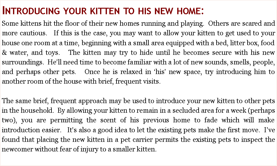 Text Box: Introducing your kitten to his new home: Some kittens hit the floor of their new homes running and playing.  Others are scared and more cautious.   If this is the case, you may want to allow your kitten to get used to your house one room at a time, beginning with a small area equipped with a bed, litter box, food & water, and toys.   The kitten may try to hide until he becomes secure with his new surroundings.  He�ll need time to become familiar with a lot of new sounds, smells, people, and perhaps other pets.   Once he is relaxed in �his� new space, try introducing him to another room of the house with brief, frequent visits.  The same brief, frequent approach may be used to introduce your new kitten to other pets in the household.  By allowing your kitten to remain in a secluded area for a week (perhaps two), you are permitting the scent of his previous home to fade which will make introduction easier.   It�s also a good idea to let the existing pets make the first move.  I�ve found that placing the new kitten in a pet carrier permits the existing pets to inspect the newcomer without fear of injury to a smaller kitten.  
